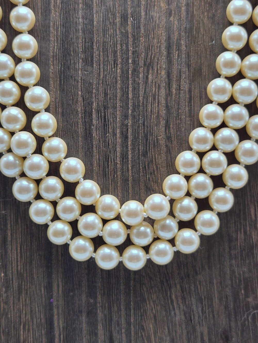80's Monet Faux Pearl Necklace Triple Strand Gold Tone Choker Statement Fashion